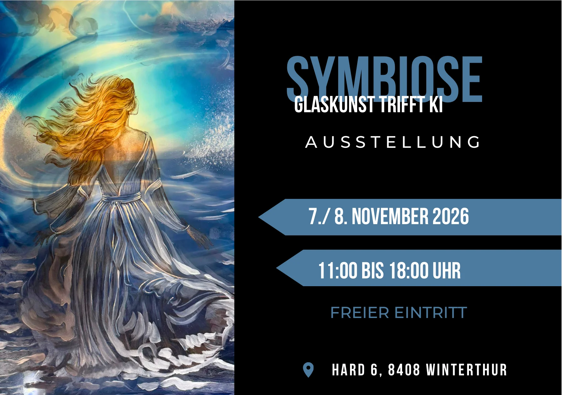 Flyer der Ausstellung «Symbiose – Glaskunst trifft KI»